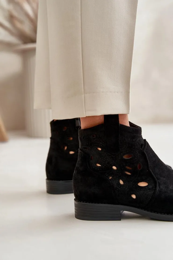 Damskie buty S.Barski Botki Ażurowe|Botki Płaskie*Botki Damskie Ażurowe Na Zamek Czarne S.Barski HY42-081 Czarny