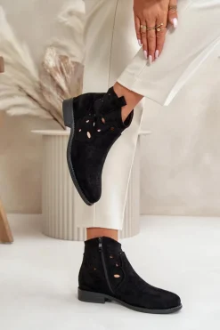 Damskie buty S.Barski Botki Ażurowe|Botki Płaskie*Botki Damskie Ażurowe Na Zamek Czarne S.Barski HY42-081 Czarny