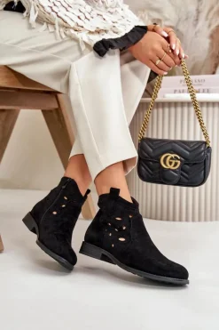 Damskie buty S.Barski Botki Ażurowe|Botki Płaskie*Botki Damskie Ażurowe Na Zamek Czarne S.Barski HY42-081 Czarny