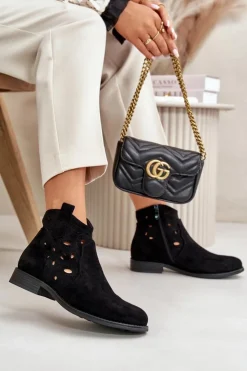 Damskie buty S.Barski Botki Ażurowe|Botki Płaskie*Botki Damskie Ażurowe Na Zamek Czarne S.Barski HY42-081 Czarny