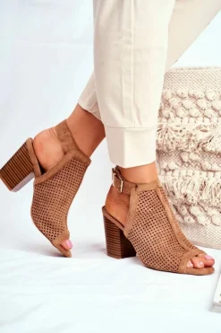 Boto Botki Wiosenne|Botki Na Słupku*Botki Damskie Ażurowe Peep Toe Camel Paradise