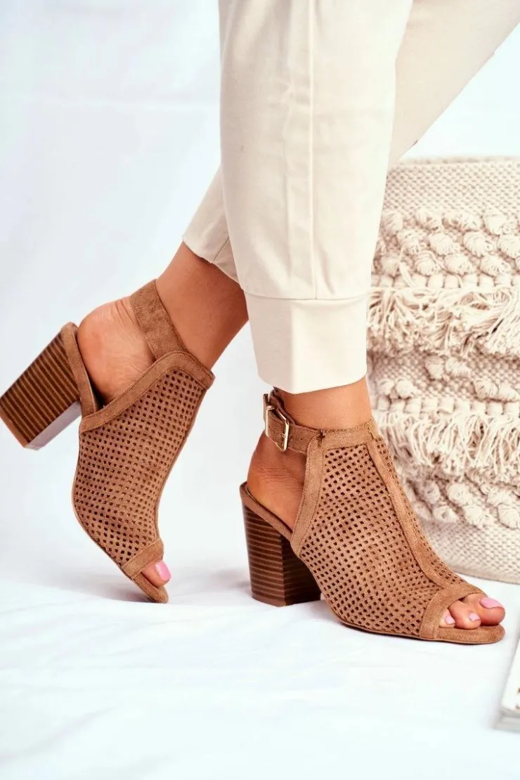 Boto Botki Wiosenne|Botki Na Słupku*Botki Damskie Ażurowe Peep Toe Camel Paradise