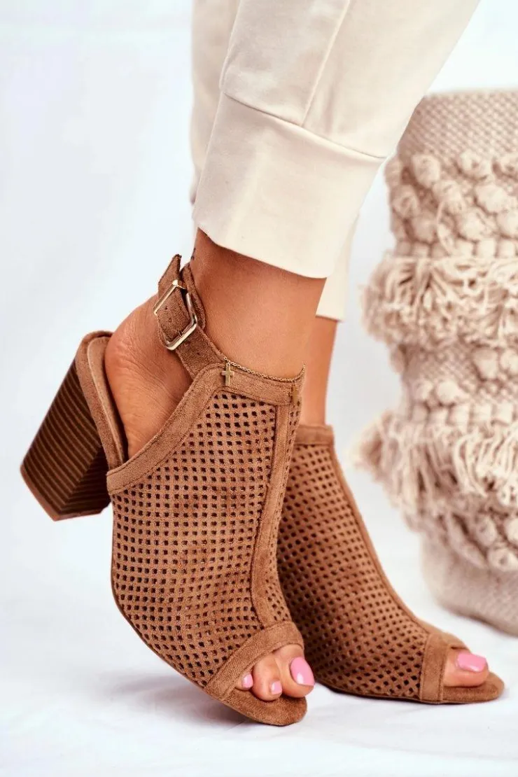 Boto Botki Wiosenne|Botki Na Słupku*Botki Damskie Ażurowe Peep Toe Camel Paradise