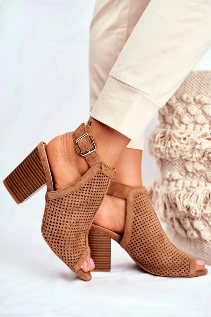 Boto Botki Wiosenne|Botki Na Słupku*Botki Damskie Ażurowe Peep Toe Camel Paradise