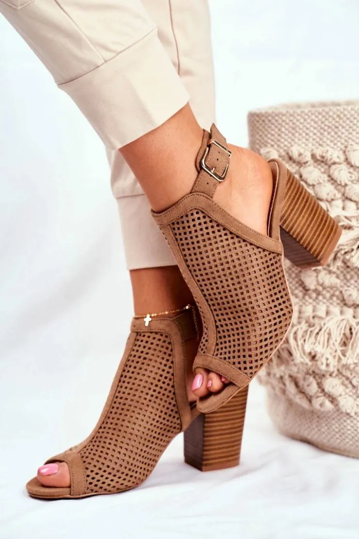 Boto Botki Wiosenne|Botki Na Słupku*Botki Damskie Ażurowe Peep Toe Beżowe Paradise