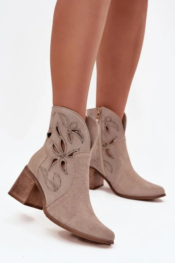 Zazoo Botki Skórzane|Botki Na Słupku*Botki Damskie Ażurowe Z Naturalnego Zamszu Na Słupku 3690 Beżowe Beżowy