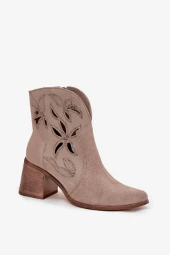 Zazoo Botki Skórzane|Botki Na Słupku*Botki Damskie Ażurowe Z Naturalnego Zamszu Na Słupku 3690 Beżowe Beżowy