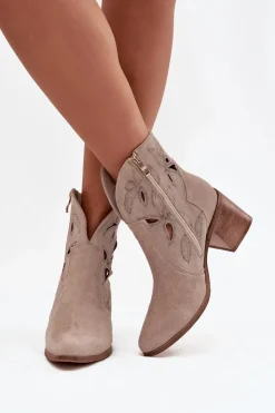 Zazoo Botki Skórzane|Botki Na Słupku*Botki Damskie Ażurowe Z Naturalnego Zamszu Na Słupku 3690 Beżowe Beżowy