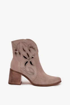 Zazoo Botki Skórzane|Botki Na Słupku*Botki Damskie Ażurowe Z Naturalnego Zamszu Na Słupku 3690 Beżowe Beżowy