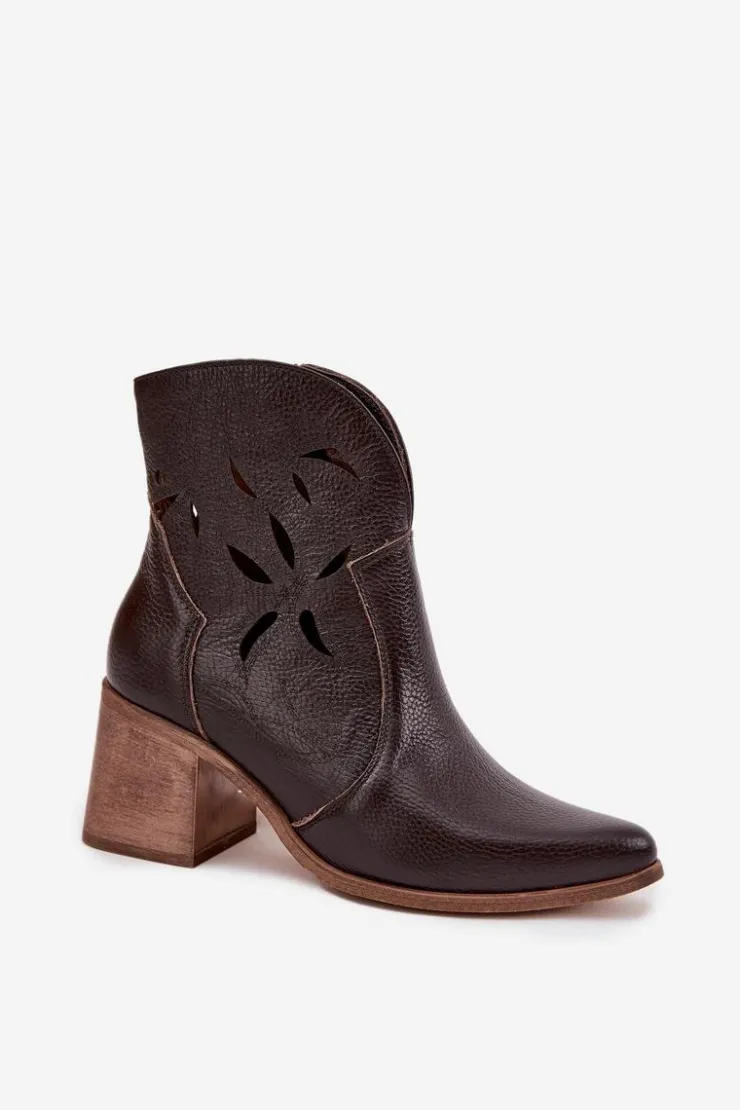 Online Zazoo Botki Damskie Ażurowe Z Naturalnej Skóry Na Słupku 3690 Czekoladowe Brązowy