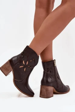 Online Zazoo Botki Damskie Ażurowe Z Naturalnej Skóry Na Słupku 3690 Czekoladowe Brązowy
