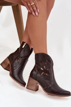 Online Zazoo Botki Damskie Ażurowe Z Naturalnej Skóry Na Słupku 3690 Czekoladowe Brązowy