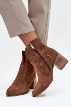 Zazoo Botki Skórzane|Botki Na Słupku*Botki Damskie Ażurowe Z Naturalnego Zamszu Na Słupku 3690 Brązowe Brązowy