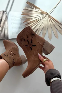 Zazoo Botki Skórzane|Botki Na Słupku*Botki Damskie Ażurowe Z Naturalnego Zamszu Na Słupku 3690 Brązowe Brązowy