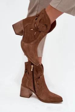 Zazoo Botki Skórzane|Botki Na Słupku*Botki Damskie Ażurowe Z Naturalnego Zamszu Na Słupku 3690 Brązowe Brązowy