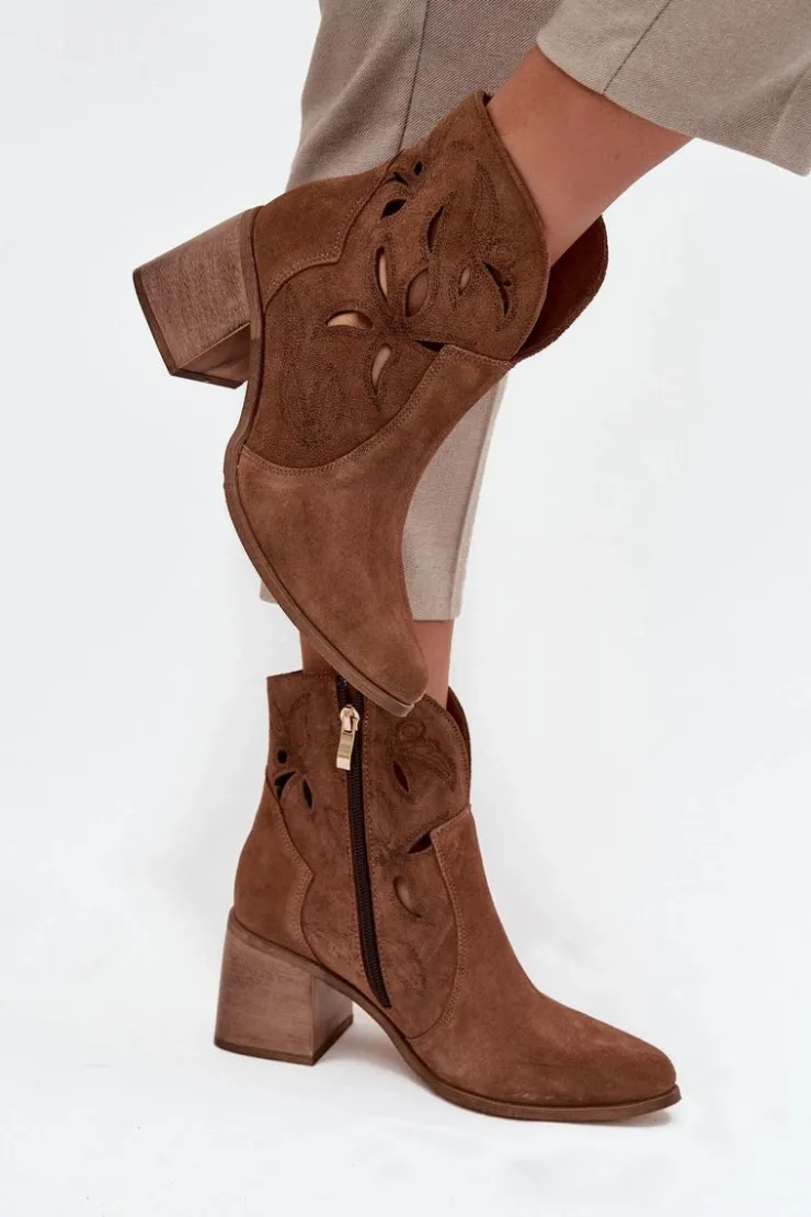 Zazoo Botki Skórzane|Botki Na Słupku*Botki Damskie Ażurowe Z Naturalnego Zamszu Na Słupku 3690 Brązowe Brązowy