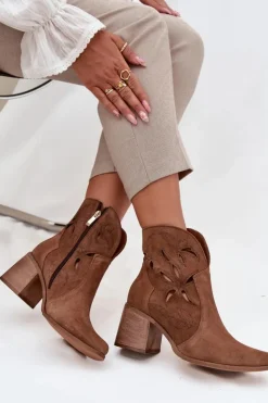 Zazoo Botki Skórzane|Botki Na Słupku*Botki Damskie Ażurowe Z Naturalnego Zamszu Na Słupku 3690 Brązowe Brązowy