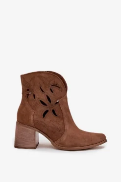 Zazoo Botki Skórzane|Botki Na Słupku*Botki Damskie Ażurowe Z Naturalnego Zamszu Na Słupku 3690 Brązowe Brązowy