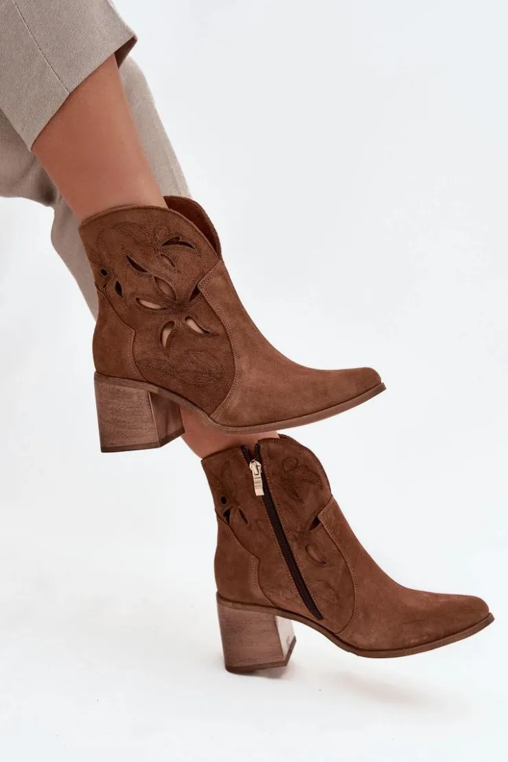Zazoo Botki Skórzane|Botki Na Słupku*Botki Damskie Ażurowe Z Naturalnego Zamszu Na Słupku 3690 Brązowe Brązowy