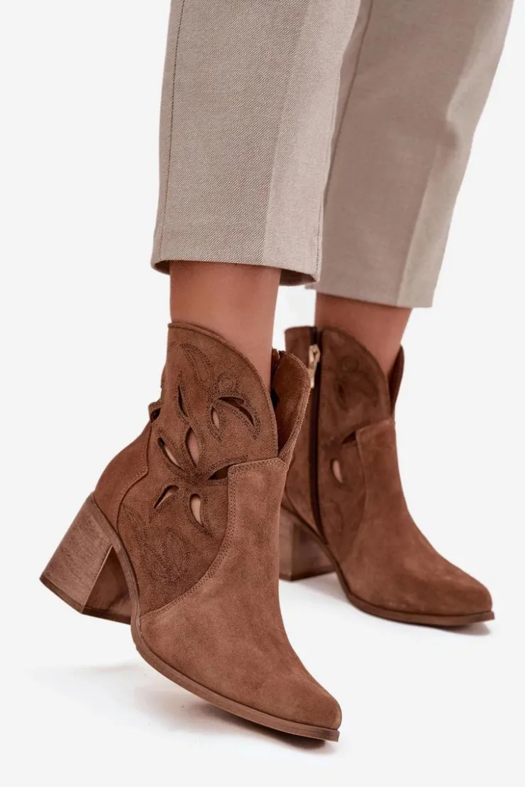 Zazoo Botki Skórzane|Botki Na Słupku*Botki Damskie Ażurowe Z Naturalnego Zamszu Na Słupku 3690 Brązowe Brązowy