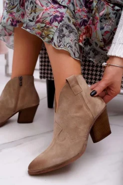 Outlet Boto Botki Damskie Beżowe Skórzane na Obcasie Chavai