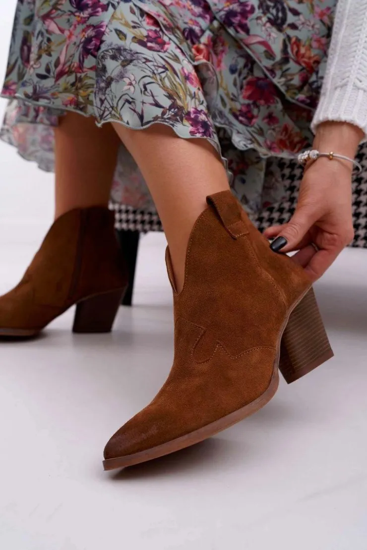 Outlet Boto Botki Damskie Brązowe Skórzane na Obcasie Chavai