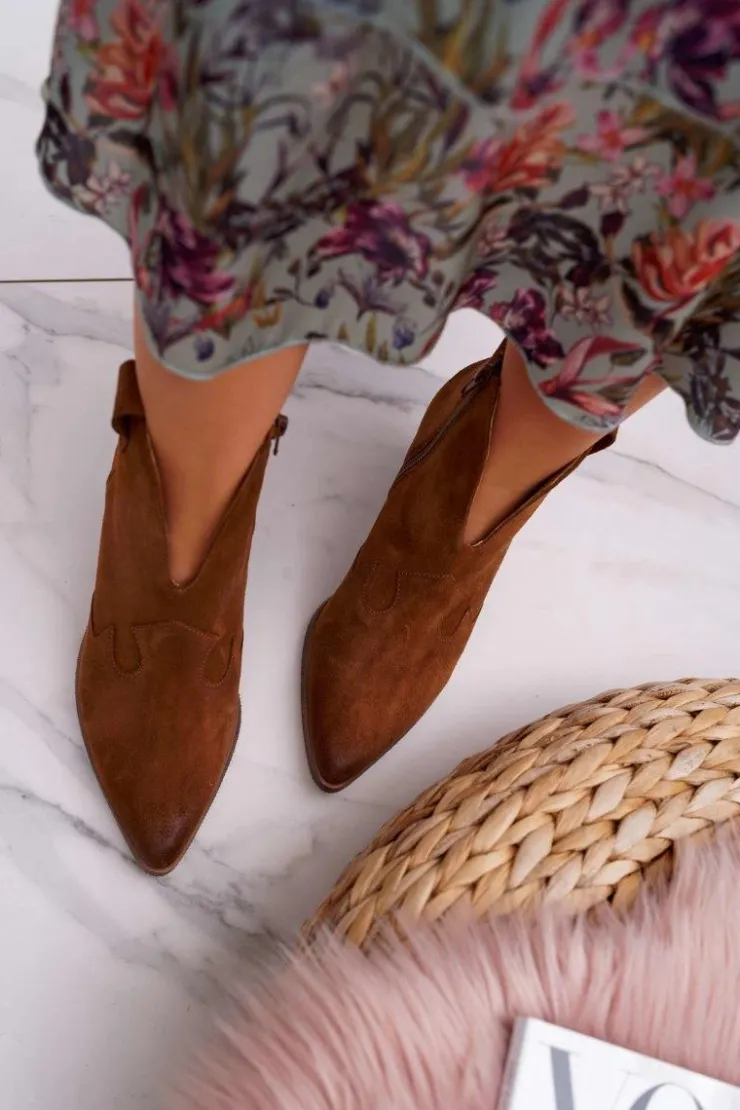 Outlet Boto Botki Damskie Brązowe Skórzane na Obcasie Chavai