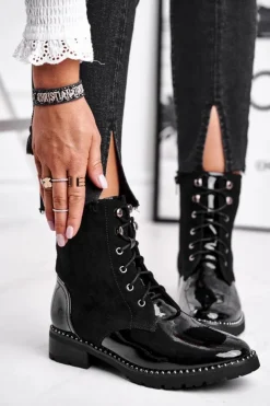 Damskie buty S.Barski Botki Sznurowane|Czarne Botki*Botki Damskie Ciepłe Czarne Thunders