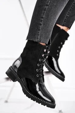 Damskie buty S.Barski Botki Sznurowane|Czarne Botki*Botki Damskie Ciepłe Czarne Thunders