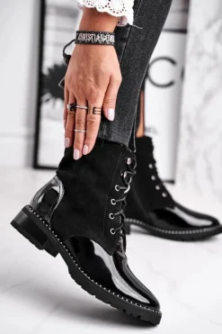 Damskie buty S.Barski Botki Sznurowane|Czarne Botki*Botki Damskie Ciepłe Czarne Thunders