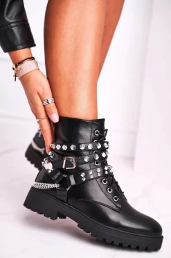 Boto Botki Sznurowane|Czarne Botki*Botki Damskie Ciepłe Dżety Łańcuchy Czarne Desire