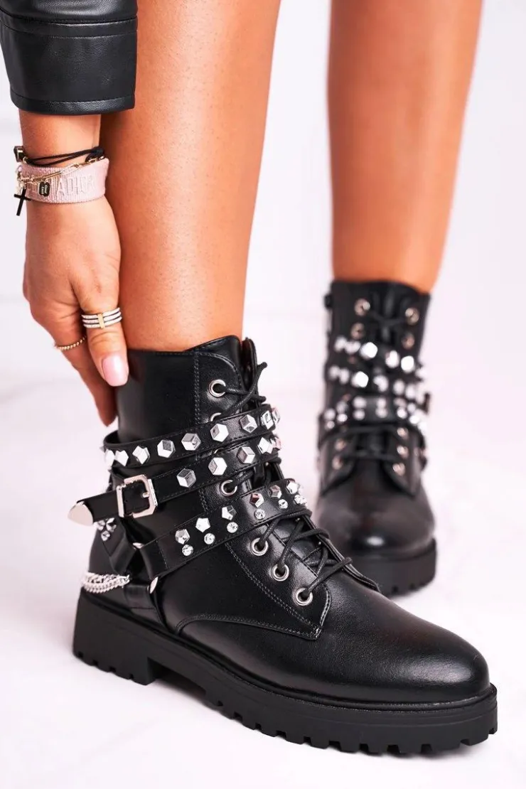 Boto Botki Sznurowane|Czarne Botki*Botki Damskie Ciepłe Dżety Łańcuchy Czarne Desire