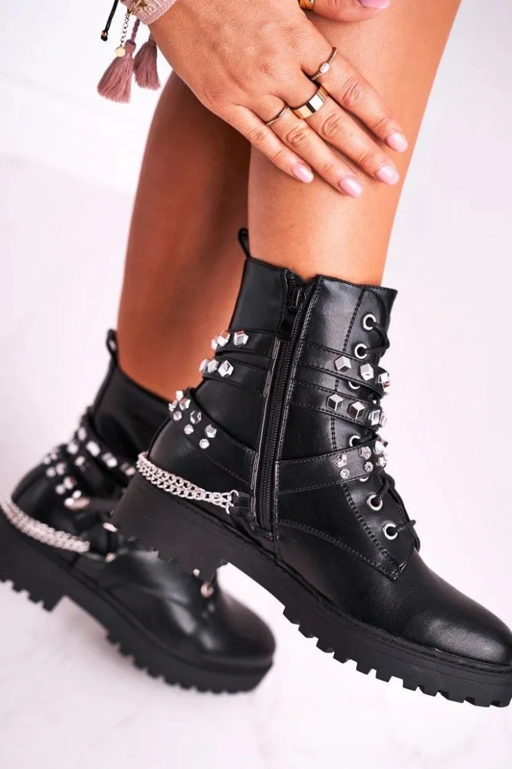 Boto Botki Sznurowane|Czarne Botki*Botki Damskie Ciepłe Dżety Łańcuchy Czarne Desire