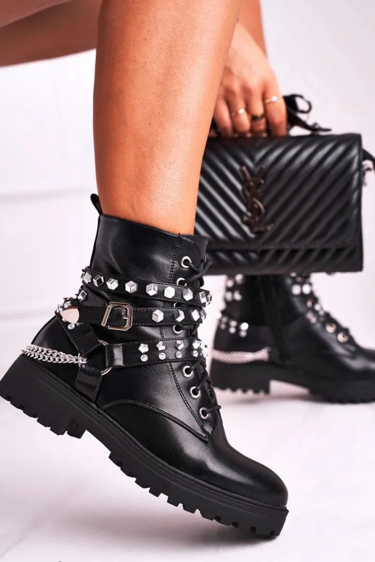 Boto Botki Sznurowane|Czarne Botki*Botki Damskie Ciepłe Dżety Łańcuchy Czarne Desire