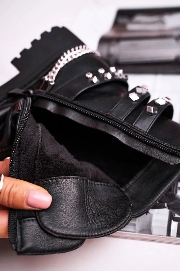 Boto Botki Sznurowane|Czarne Botki*Botki Damskie Ciepłe Dżety Łańcuchy Czarne Desire