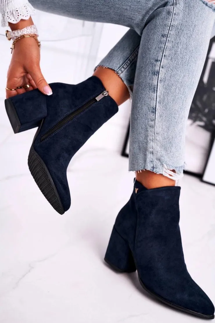 Buty damskie Vinceza Botki Na Słupku|Czarne Botki*Botki Damskie Ciepłe Eko Zamsz Granatowe So Good