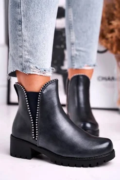 Damskie Boto Botki Damskie Ciepłe Granatowe Starry