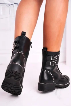 Damskie Boto Botki Damskie Ciepłe Srebrne Nity Czarne Freed