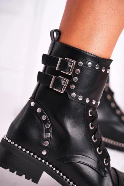 Damskie Boto Botki Damskie Ciepłe Srebrne Nity Czarne Freed