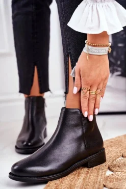 Outlet Damskie buty S.Barski Botki Damskie Ciepłe Sztyblety Płaski Obcas Skóra Czarne Fernir