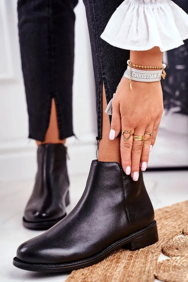 Outlet Damskie buty S.Barski Botki Damskie Ciepłe Sztyblety Płaski Obcas Skóra Czarne Fernir