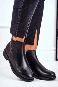 Outlet Damskie buty S.Barski Botki Damskie Ciepłe Sztyblety Płaski Obcas Skóra Czarne Fernir