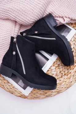 Sale Boto Botki Damskie Ciepłe Zamszowe Dwa Suwaki Czarne Ohoo