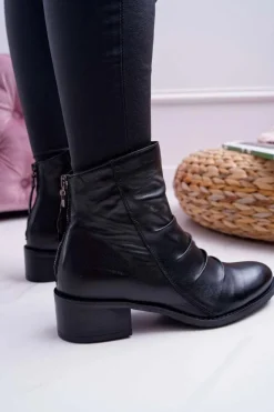 Damskie Laura Messi Botki Damskie Czarne Płaski Obcas Skóra Naturalna