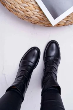 Damskie Laura Messi Botki Damskie Czarne Płaski Obcas Skóra Naturalna