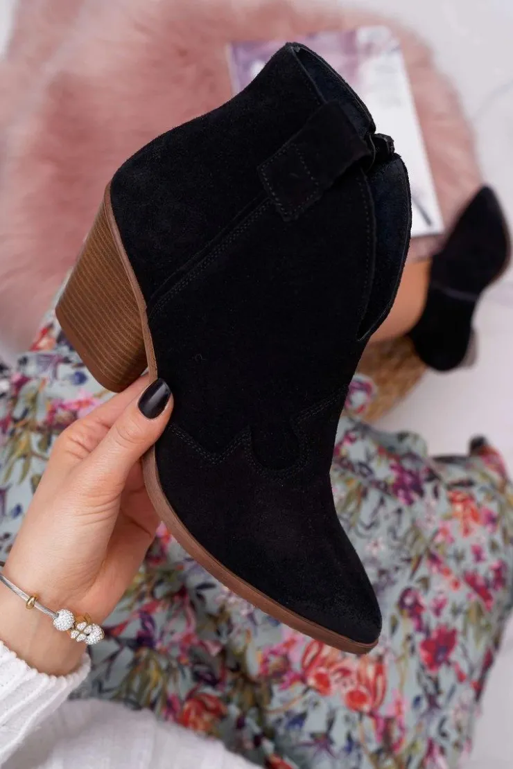 Damskie Boto Botki Damskie Czarne Skórzane na Obcasie Chavai