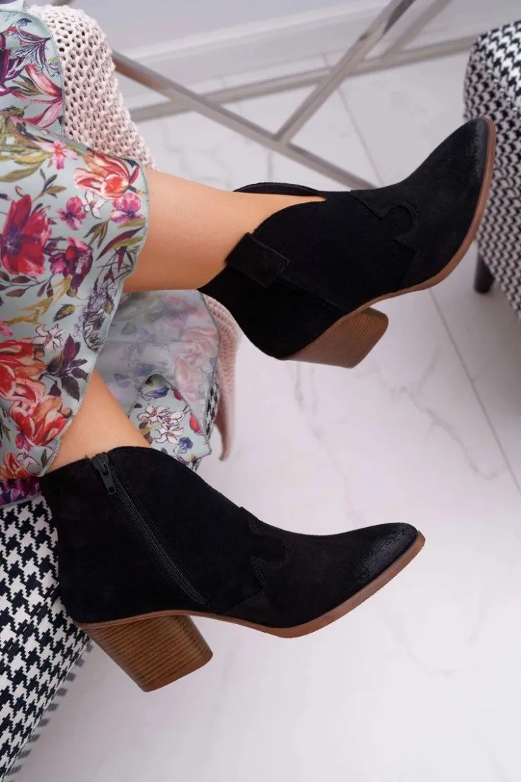 Damskie Boto Botki Damskie Czarne Skórzane na Obcasie Chavai