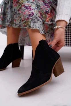 Damskie Boto Botki Damskie Czarne Skórzane na Obcasie Chavai