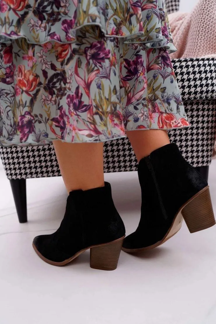 Damskie Boto Botki Damskie Czarne Skórzane na Obcasie Chavai