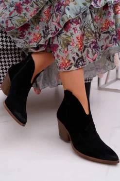 Damskie Boto Botki Damskie Czarne Skórzane na Obcasie Chavai